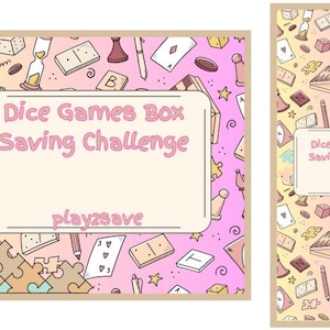 Pode incluir: Um caderno e um di&aacute;rio com um design colorido com pe&ccedil;as de jogo como dados, domin&oacute;s e cartas de baralho. O texto "Dice Games Box Saving Challenge" &eacute; exibido em ambos os itens, com a palavra "play2save" abaixo.