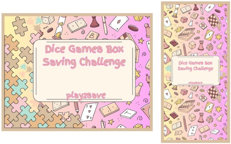 Pode incluir: Um caderno e um di&aacute;rio com um design colorido com pe&ccedil;as de jogo como dados, domin&oacute;s e cartas de baralho. O texto "Dice Games Box Saving Challenge" &eacute; exibido em ambos os itens, com a palavra "play2save" abaixo.