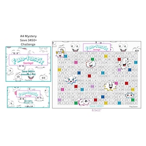 May include: A savings challenge tracker sheet featuring a grid of numbers and cartoon faces. The text reads Fun-tastic Savings, A4 Mystery Save 3450+ Challenge, and 8.5x11 inches. The design includes various colored squares and playful character illustrations.
