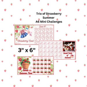 Puede incluir: Un conjunto de tres mini desafíos imprimibles A6 con temática de fresa. Los desafíos incluyen "Strawberry Cool!" con una niña que lleva un vestido de fresa, "Sweet Taste of Summer" con un plato de fresas y postres, y "Sweet Summer Time" con una planta de fresas y una cuadrícula de números.