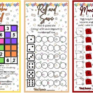 Pode incluir: Tr&ecirc;s folhas de jogo coloridas com os t&iacute;tulos "Sudoku Roll", "Roll and Save" e "Money Math". A folha de Sudoku tem uma grade com n&uacute;meros e instru&ccedil;&otilde;es. As outras duas folhas t&ecirc;m dados e solicita&ccedil;&otilde;es matem&aacute;ticas.