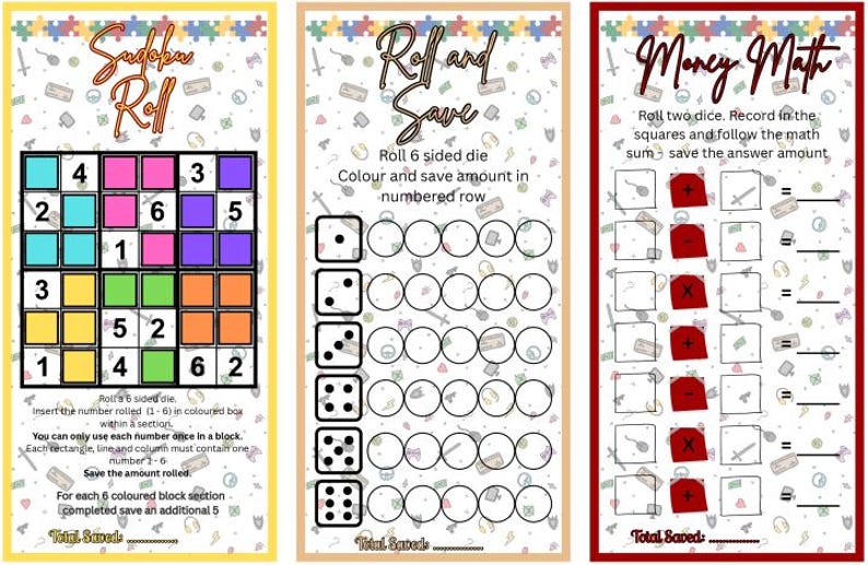 Pode incluir: Tr&ecirc;s folhas de jogo coloridas com os t&iacute;tulos "Sudoku Roll", "Roll and Save" e "Money Math". A folha de Sudoku tem uma grade com n&uacute;meros e instru&ccedil;&otilde;es. As outras duas folhas t&ecirc;m dados e solicita&ccedil;&otilde;es matem&aacute;ticas.