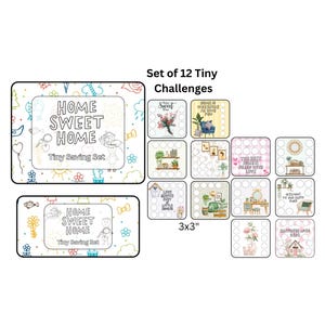 Op de afbeelding: Een set van 12 kleine uitdagingen van 3x3 inch, met een Home Sweet Home spaarset. De collectie bevat twee rechthoekige kaarten en twaalf vierkante kaarten, elk versierd met kleurrijke illustraties en ronde iconen voor het bijhouden van doelen.
