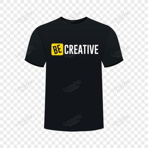 以下が含まれることがあります： 黄色の四角形の中に白い文字で「BE CREATIVE」と書かれた黒いTシャツ