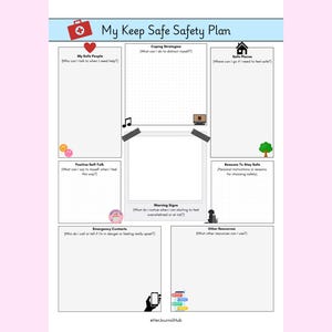 Può includere: Un foglio di lavoro stampabile "My Keep Safe Safety Plan" con un'intestazione azzurra. Il foglio di lavoro include sezioni per persone sicure, strategie di coping, luoghi sicuri e contatti di emergenza. Le icone includono un cuore, note musicali e una casa.