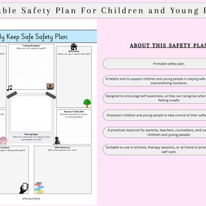 May include: A printable safety plan for children and young people, titled "My Keep Safe Safety Plan." The plan includes sections for identifying safe people, coping strategies, and self-soothing techniques. It is designed to promote resilience and self-care.