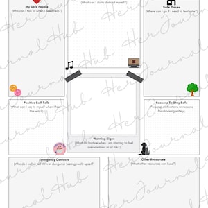 May include: A printable safety plan titled "My Keep Safe Safety Plan" with sections for safe people, coping strategies, safe places, positive self-talk, warning signs, emergency contacts, reasons to stay safe, and other resources. Includes icons and text.