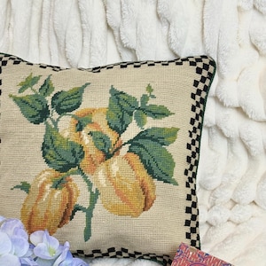 Handmade Needlepoint Pillow Cover with Yellow Peppers and Green Leaves