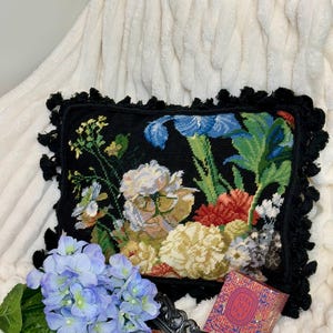 Handmade Needlepoint Pillow with Floral Design and Black Tassel Trim