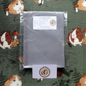 May include: A gray fabric square in a clear plastic bag with a white label. The label reads "Cosmic City" and "66 x 46 cm". A smaller white card with a logo is below the bag. The background is a green fabric with guinea pig and mushroom patterns.