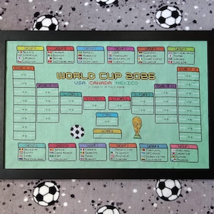 May include: A framed World Cup 2026 bracket chart with a black frame. The chart is light green with colorful boxes for each team group and match-ups. The text "World Cup 2026 USA Canada Mexico" is displayed. Soccer balls are scattered around the frame.