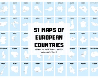 51 Europe Countries Map | Travel Map | Maps for Photobook & Scrapbook | Digital Download | Canva Editable Template