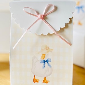 Goose Baby Shower Favor Boxes – Set of 10 Treat Bags- Pastel Gingham Scalloped Treat Boxes, First Birthday Party Favors- Treat Boxes w/ Bow