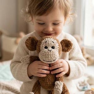 Può includere: Un bambino tiene in mano una scimmia all'uncinetto fatta a mano. Il peluche è principalmente marrone con accenti beige sul viso, sulle orecchie e sulle mani. La scimmia ha una faccia sorridente ed è fatta di filato morbido.