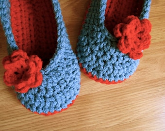 Womens Crochet House Slippers- Country Blue and Cherry Red