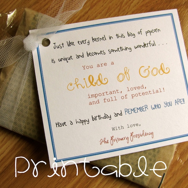 Printable- PDF-  Child of God Popcorn- LDS Primary Birthday Gift Idea