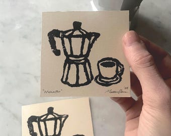 Moka Pot Mini Block Print: Hand-Carved Rubber Stamp Art