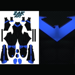 Può includere: Un design di costume da supereroe nero e blu. Il costume include una tuta intera, guanti, stivali e pezzi per le braccia. Il design presenta accenti blu e un emblema blu su sfondo nero. Il testo "ZAK ART" è visibile in alto a sinistra.