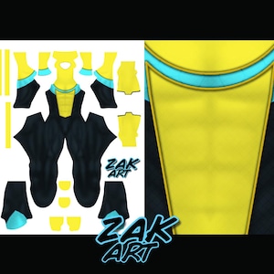 Könnte beinhalten: Ein gelb-schwarzes Superhelden-Kostümmuster mit blauen Akzenten. Das Design umfasst separate Teile für Oberkörper, Arme, Beine und Zubehör. Der Text "ZAK ART" ist unten rechts sichtbar.