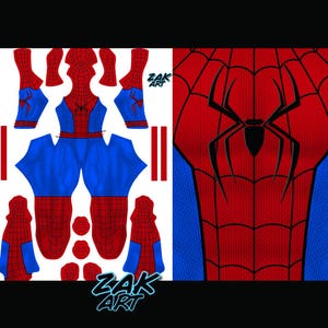 May include: A detailed pattern for a Spider-Man costume, featuring red and blue sections with a black spider emblem. The design includes various costume components, such as the mask, gloves, and boots, with the "ZAK ART" logo.