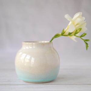 May include: A small, round ceramic vase with a gradient colour scheme. The vase transitions from a creamy beige at the top to a soft turquoise at the base. A single white freesia flower with green stem and leaves is placed inside the vase.