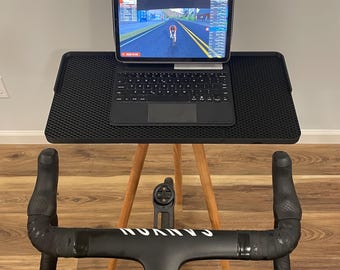 Indoor Cycling Desk: Laptop Stand, Maine Oak Legs, Perfect for Zwift, Home Gym