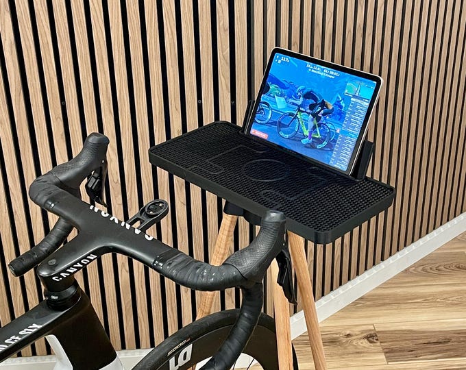 Featured listing image: iPad Stand, Indoor Cycling Desk, Maine Oak Legs, for Zwift, Home Gym