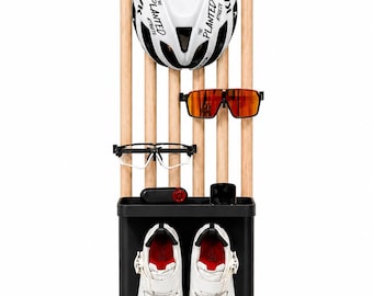 Triathlon Gear Organizer | Wall Mounted Rack for Helmet, Shoes & Sunglasses | Cycling Running Storage | Oak Wood