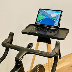 Premium Indoor Cycling Stand – Laptop & Tablet Stand for Bike Trainer Platform for Zwift, Wahoo, Peloton – Minimalist Home Gym Decor