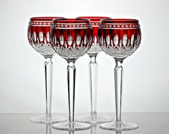 Set of four Waterford Crystal Clarendon Ruby cut glass hock glasses