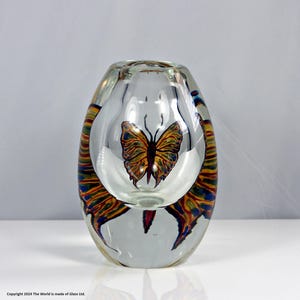 Peut inclure: Un vase en verre transparent avec un motif de papillon coloré. Le vase est de forme ovale et a une petite ouverture en haut.