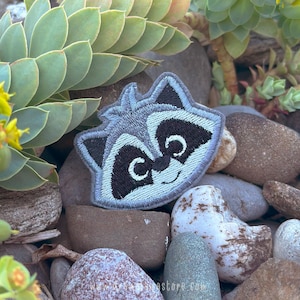 以下が含まれることがあります： グレーと黒のディテールが施された漫画のアライグマの顔が刺繍されたパッチ。パッチは水色の縁取りと笑顔の表情をしています。パッチは岩の上に置かれ、緑色の多肉植物に囲まれています。