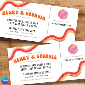 Wedding Gig Ticket Invite | Sunset, Disco, Retro, 70&#39;s Vibes | Canva Digital Download