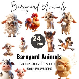 Bauernhof Tiere Clip Art PNG | 24 originelle 3D-Clipart Tiere für Kindergeburtstag | Lustige Transparente 300 DPI Grafik
