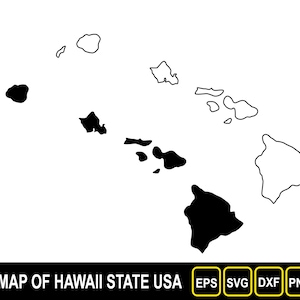 Kaart van de staat Hawaï (VS) silhouet omtrek en plat