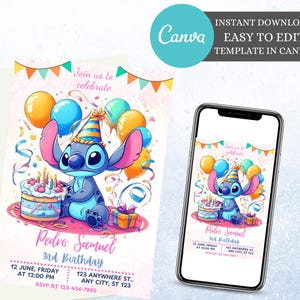 Stitch Editable Birthday Invitation Template Printable Birthday Party Invitations Digital Kids Party Invite Digital Bday Card Invite