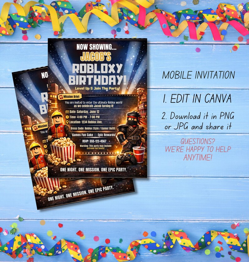 Roblox Birthday Invitation Editable Template, Roblox Party Invite ...