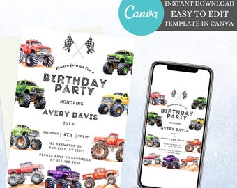 Monster Truck Birthday Invitation: Editable Canva Template (Digital Download)