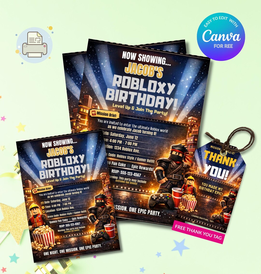 Roblox Birthday Invitation Editable Template, Roblox Party Invite ...