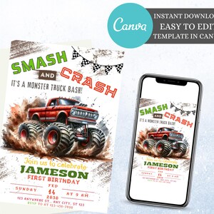 Editable Monster Truck Birthday Invitation Monster Truck Invite Grey Monster Truck Party Invite Monster Truck Invitation Monster Truck