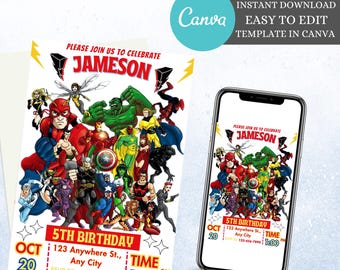 Superhero Birthday Invitation Template: Kids Party (Digital Download)
