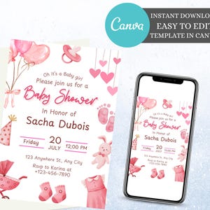 Editable Pink Baby Shower Invite Pink Balloon Girl Teddy Bear theme Baby Shower Invite Pink Baby Shower Invite Baby Shower Invitation