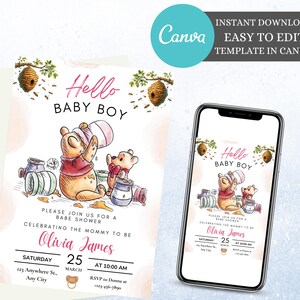 Editable Winnie The Pooh Baby Shower Invitation Digital Invitation Oh Boy Winnie Pooh Invitation Baby Shower Invitation Winnie The Pooh