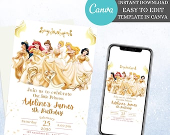 Gold Princess Birthday Invitation: Royal Girl Theme (Digital Download)