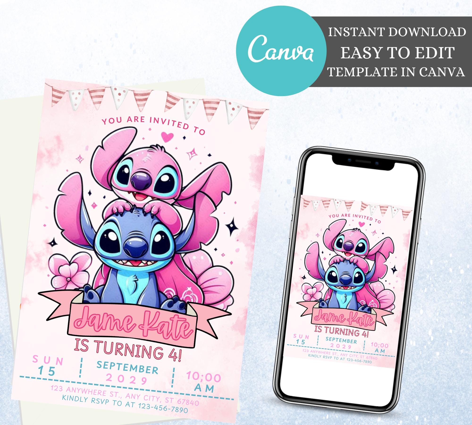 Stitch and Angel Birthday Invitation: Editable Kids Party Invite (Digital)
