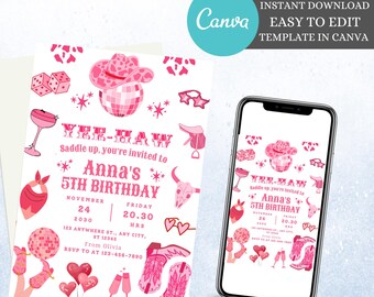 Invito di compleanno per cowgirl spaziale: festa Pink Yee Haw (download digitale)