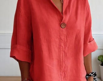 Women's V-Neck Cotton Button Top – Loose Fit Summer Blouse