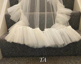 Blush Ruffle Bridal Veil: Soft Tulle, Two-Layer Veil with Comb