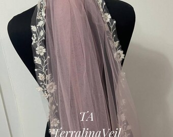 Blush Pink Wedding Veil: Glitter Lace Edge, Bridal Comb