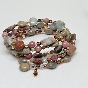 Memory Wire Serpentine and Rhodochrosite Bracelet with Glass and Pearl Accents